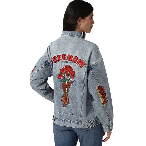 Forever 21 Embroidered Denim Jacket, Ron Bass Patches, Freedom, Peace, Size 3XL - Picture 6 of 13